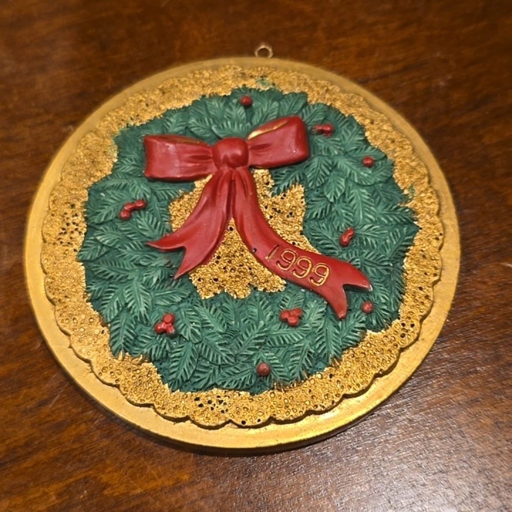 Gold and Green Holiday Wreath Ornament with Red Bow